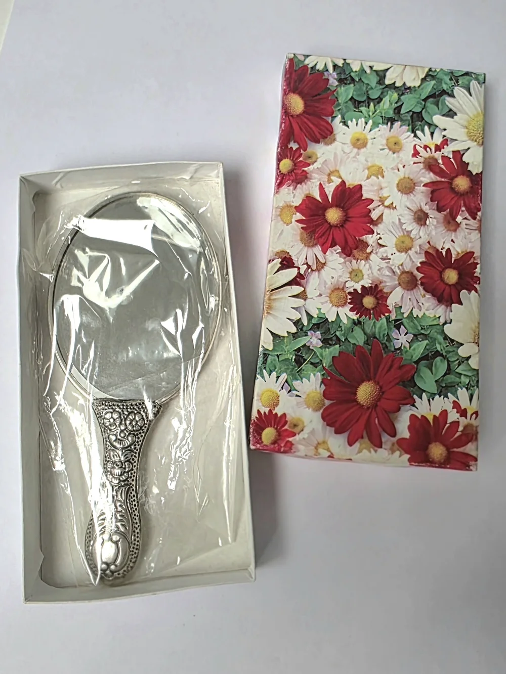 Vintage Turkish Floral Embossed Hand Mirror - Silver Tone